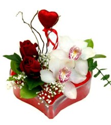  İstanbul Çiçek Satışı online çiçek gönderme sipariş  mika kalp içinde 2 gül 1 kandil orkide kalp çubuk