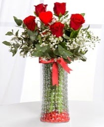 Cam vazoda 5 adet kırmızı gül kalp çubuk  İstanbul Çiçek Satışı ucuz çiçek gönder 