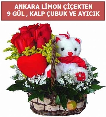 Kalp çubuk sepette 9 gül ve ayıcık  İstanbul Çiçek Satışı çiçekçi telefonları 
