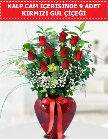 Kırmızı kalp camda 9 kırmızı gül  İstanbul Çiçek Satışı çiçek satışı 