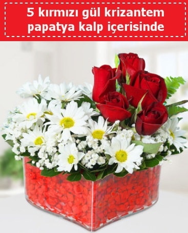 mika kalp içerisinde 5 kırmızı gül papatya  İstanbul Çiçek Satışı çiçek gönderme 