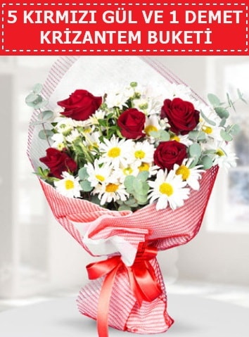 5 adet kırmızı gül ve krizantem buketi  İstanbul Çiçek Satışı çiçek satışı 