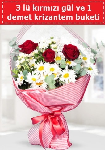 3 adet kırmızı gül ve krizantem buketi  İstanbul Çiçek Satışı çiçek gönderme sitemiz güvenlidir 